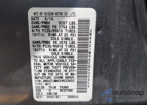 2014 Nissan Murano Sl z USA, uszkodzony, nr VIN JN8AZ1MWXEW533450